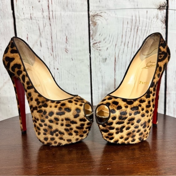CHRISTIAN LOUBOUTIN Highness 160 PonyHair Leopard Print Peep Toe Platforms 38 EU - Picture 10 of 17